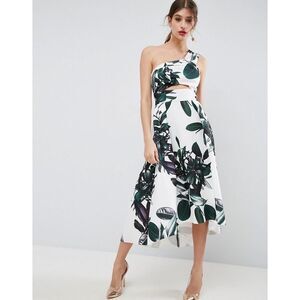 ASOS One Shoulder High-Low Dress Women's 6 White Green Palm Print Scuba